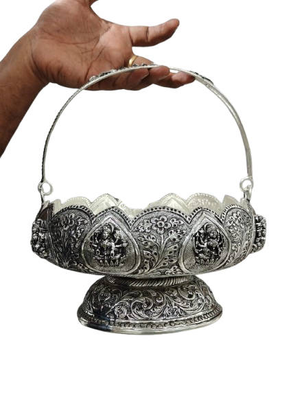 Antique finish lakshmi silver plated flower basket with stand